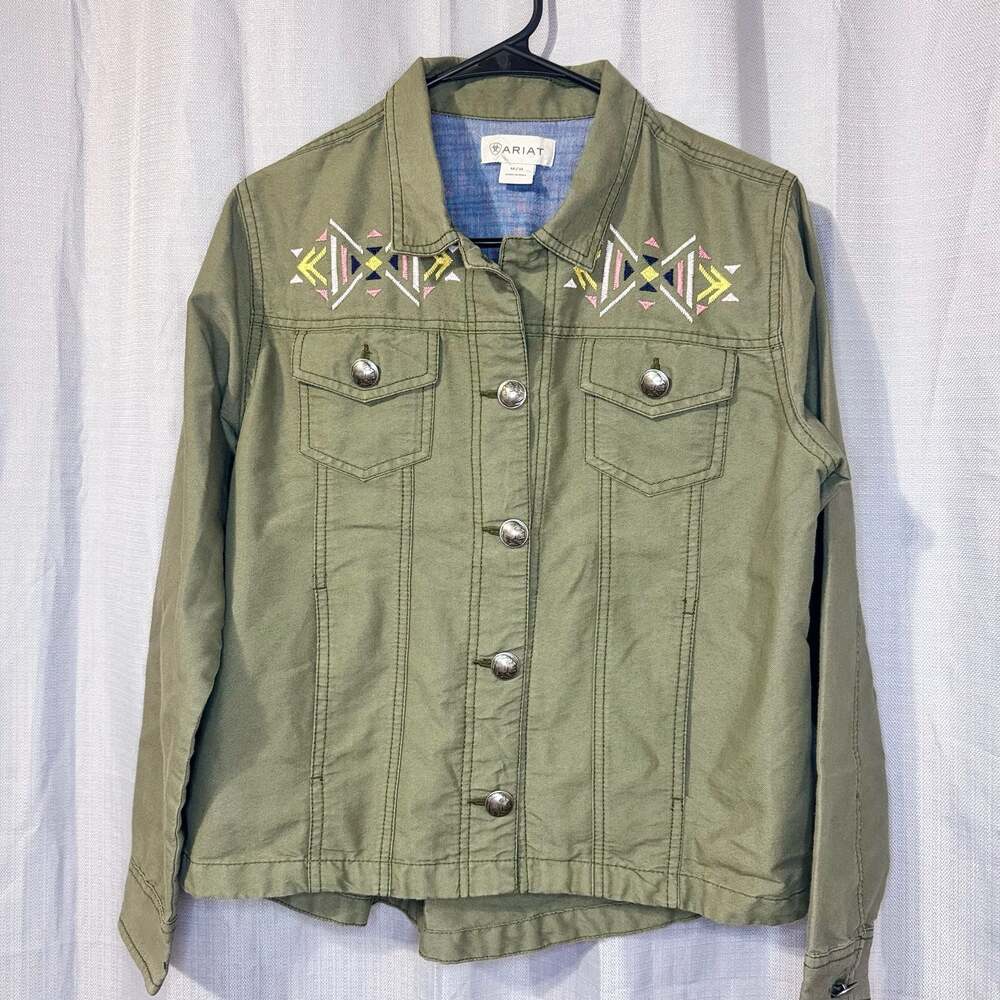 Ariat Women's Olive Green Military-Style Jacket Southwestern Aztec Embroidery
